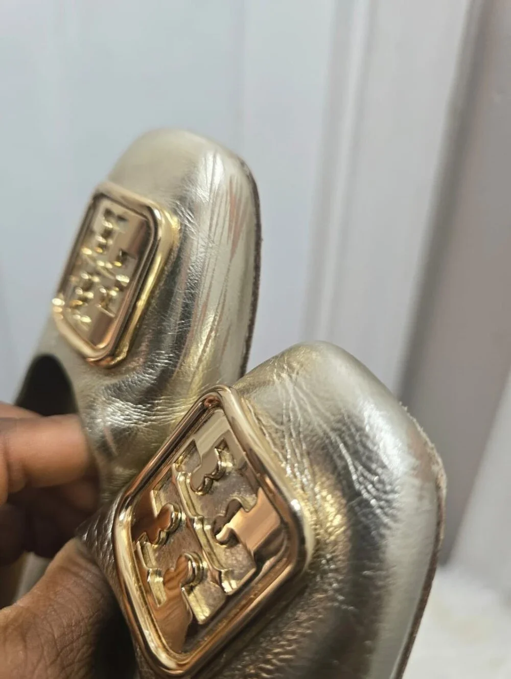 Tory Burch Georgia Leather Square Toe Metallic Gold-tone Ballet Flat Sz 7.5M